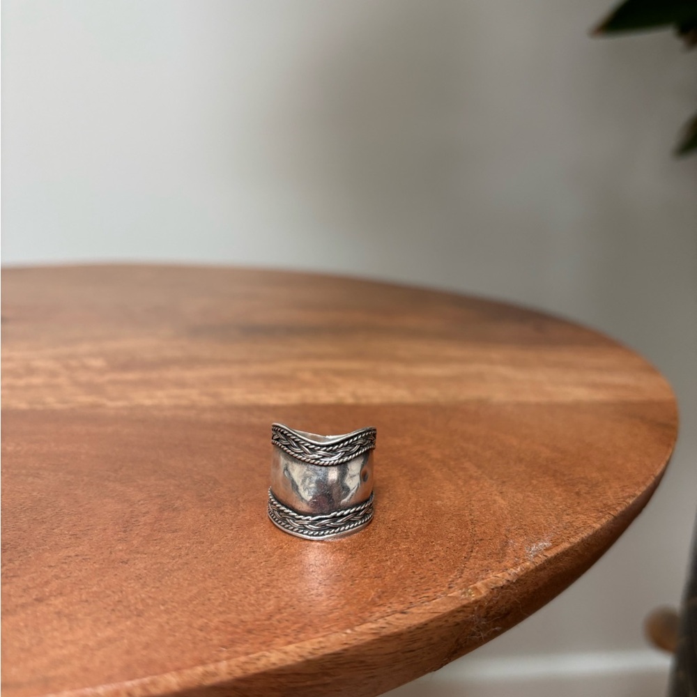 Hammered Sterling Silver Wide Band Ring with Rope Detailing